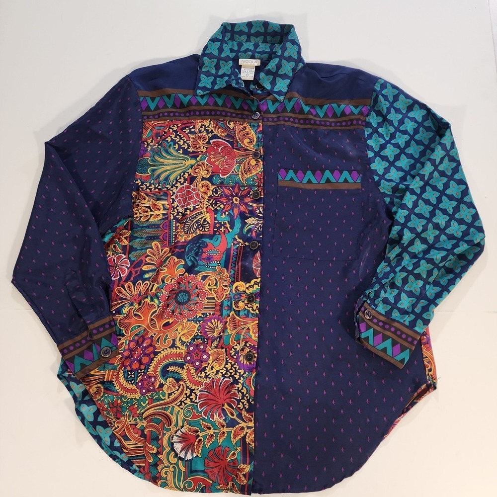 VTG Nicola Patchwork Button Up Shirt Womens M Colorblock Floral Paisley 80s 90s